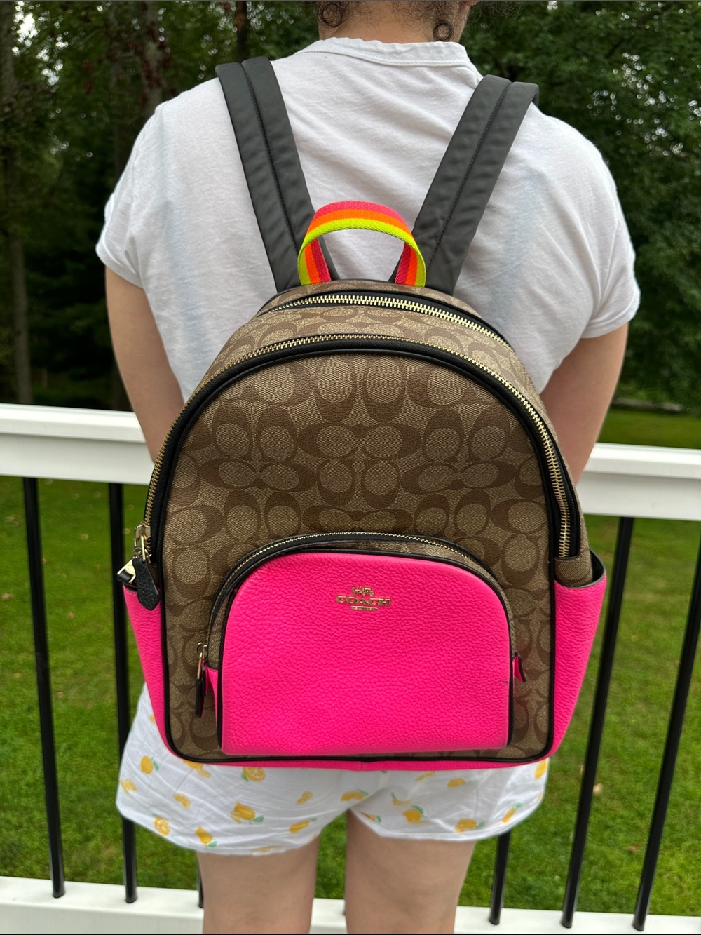 Coach Brown Signature Canvas Backpack with Bright Pink Accents